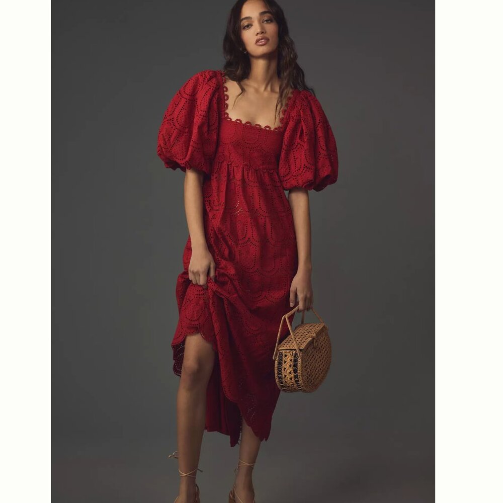 NWT Farm Rio x Anthropologie Pineapple Eyelet Puff-Sleeve Square-Neck Dress XS